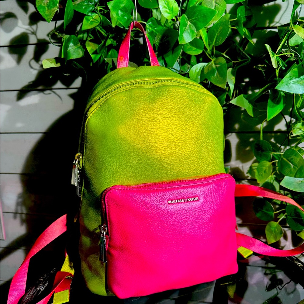 METALLIC Neon Hot Pink & Neon Green Leather Large Michael Kors Backpack